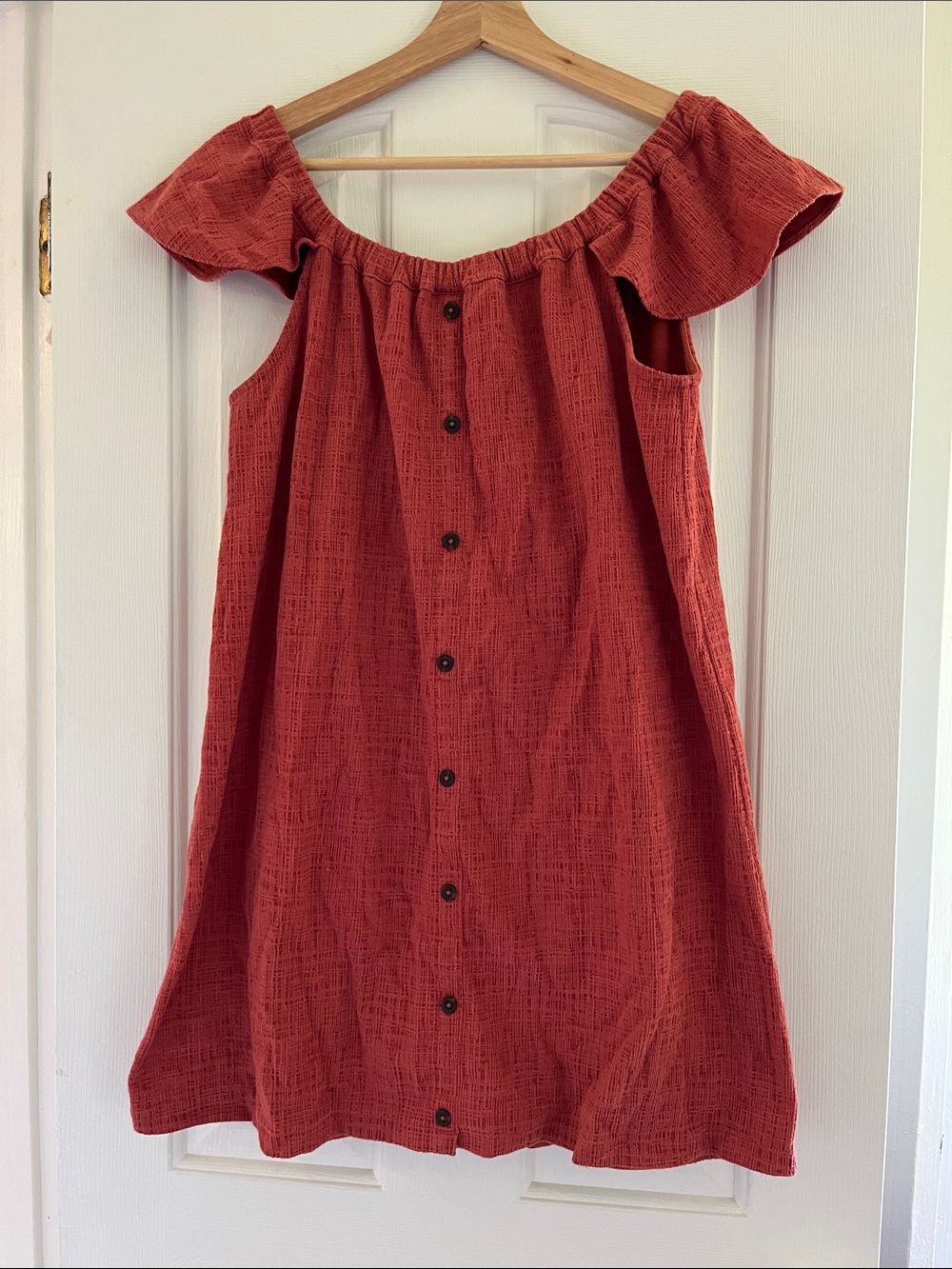 Madewell Rust Red Off-Shoulder Button Mini Dress